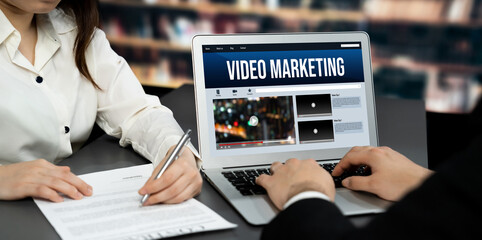 Video Marketing Concept on Laptop Screen. Video Marketing Advertising Business on Social Media and...
