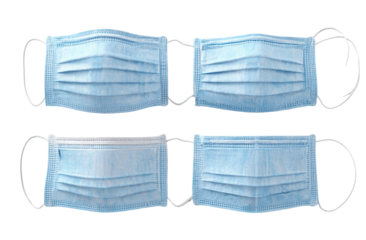 Two light-blue pleated face masks, side-by-side,  with elastic loops