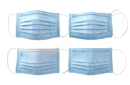 Two light-blue pleated face masks, side-by-side,  with elastic loops