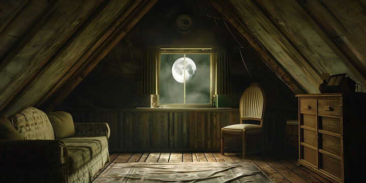 Mysterious moonlit attic with vintage furniture and a sense of quiet contemplation - Powered by Adobe