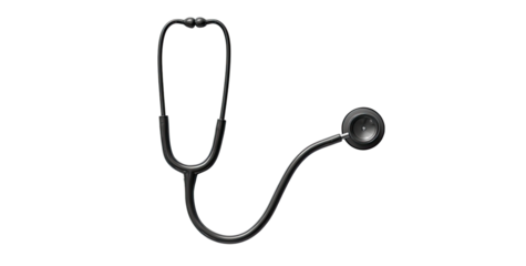 A black medical stethoscope, isolated on a black background. The stethoscope features a binaural head, earpieces, a curved tube, and a circular diaphragm. The surfaces appear smooth