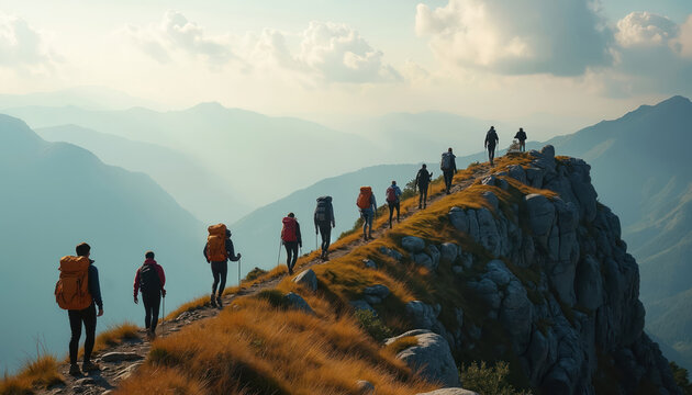 Group of people hiking up mountain trail. Hikers with backpacks trekking in mountains. Adventure travel, explore nature. Outdoor activity on rocky mountain ridge. Healthy lifestyle with scenic