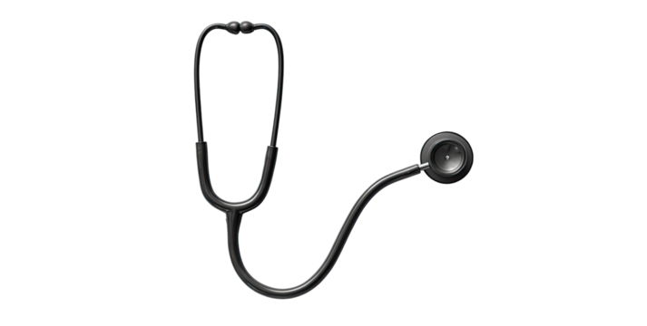 A black medical stethoscope, isolated on a black background. The stethoscope features a binaural head, earpieces, a curved tube, and a circular diaphragm. The surfaces appear smooth