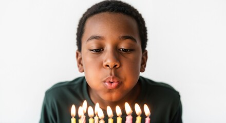 Boy blowing out birthday candles on colorful cake with a joyful expression and bright flames glowing. Birthday celebration includes vibrant candles and festive atmosphere,