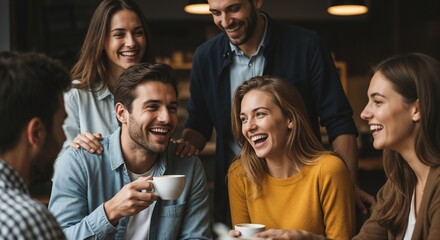 Group of friends enjoying coffee at cafe table with laughs and conversations. Friends share laughter around coffee cups, creating warm atmosphere for social interaction and connection.