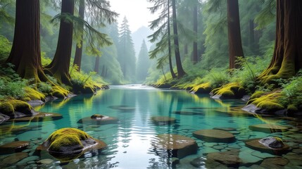 Tranquil river flowing through a lush green forest with clear turquoise water.