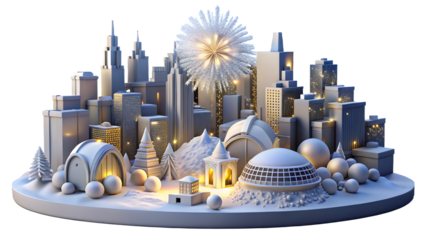 Intricate miniature model of a futuristic city with glowing lights and diverse architectural styles isolated on transparent background