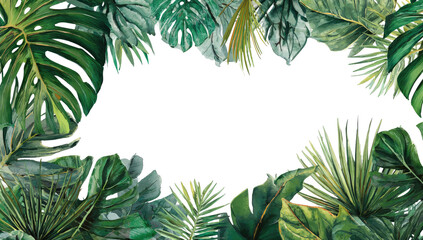 Naklejka premium Tropical foliage frame. Lush green leaves of various shapes and textures surround a central black void