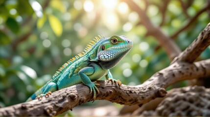 Vibrant green iguana perched on a tree branch in a sunny environment.
