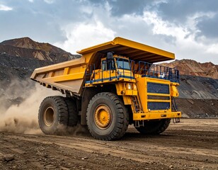 A massive yellow haul truck in action at a mine site, kicking up dust.