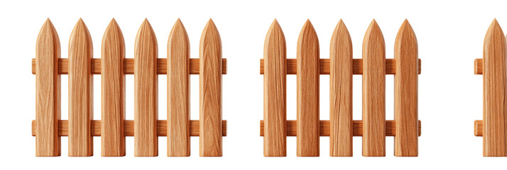 Two sections of a light brown wooden picket fence