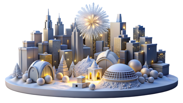 Intricate miniature model of a futuristic city with glowing lights and diverse architectural styles isolated on transparent background