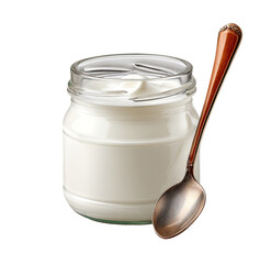 Glass jar of plain yogurt with a spoon