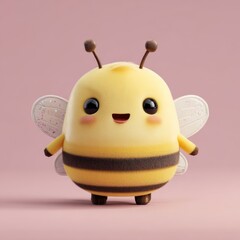 Obraz premium A cartoon bee with yellow and brown stripes wings antennae on a pink background