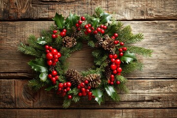 A Christmas wreath with red berries pine cones  holly leaves on rustic wooden planks