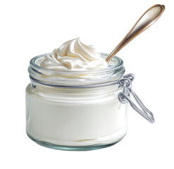Whipped cream in a glass jar with a metal lid, a silver spoon