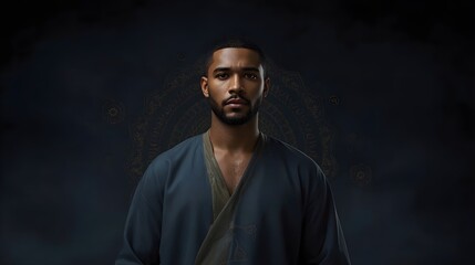 Black African Man in Traditional Robe with Ornate Background, Cultural Portrait 