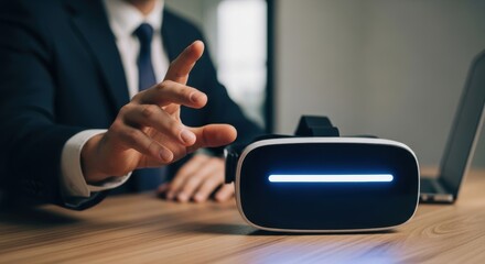 Businessman interacts with vr headset illuminated on wooden desk