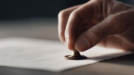 A hand presses a seal onto paper. Represents authentication, agreement, or verification. Useful for legal, historical, or business contexts. Implies authority and trust.