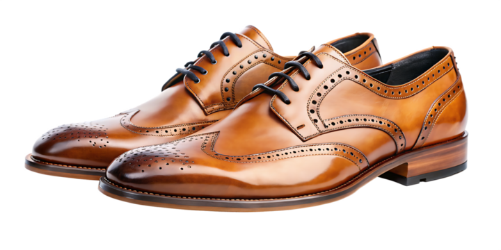 Tan leather wingtip dress shoes isolated on a transparent background