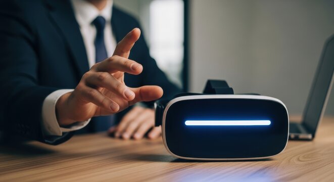 Businessman interacts with vr headset illuminated on wooden desk