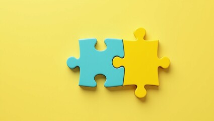 Obraz premium Two puzzle pieces connected on a yellow background, symbolizing teamwork and solutions.