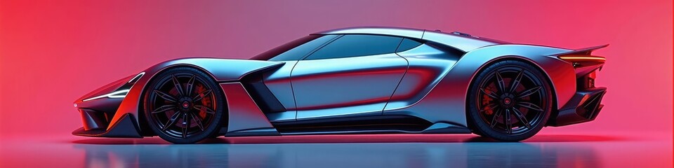 Fototapeta premium A futuristic sports car in a studio with pink lightingOn a red-pink background. Car concept.