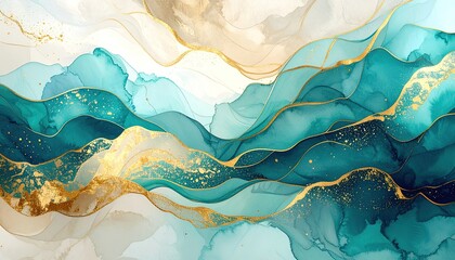 Abstract flowing watercolor background with elegant teal, turquoise, and shimmering golden waves