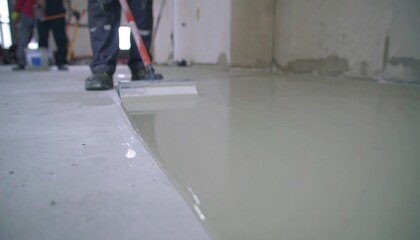 Workers applying a fresh concrete floor