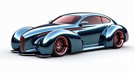 A sleek metallic blue coupe with a futuristic design