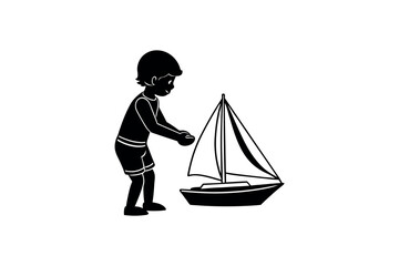 Fototapeta premium child playing with toy sailboat on beach silhouette