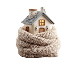 A small, light beige house, nestled within a warm, beige knitted scarf, suggesting coziness and warmth