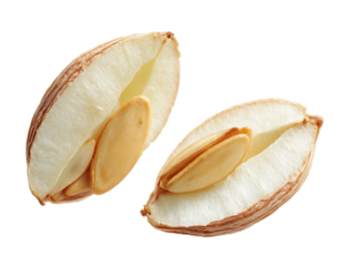 Two halves of a seed pod, displaying the inner seed.  Close-up, crisp, light