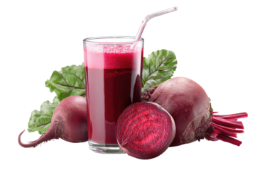 Red beet juice in glass, surrounded by beets