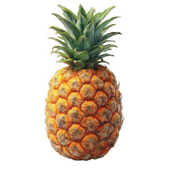 Ripe pineapple, vibrant yellow-gold skin, and green crown of leaves