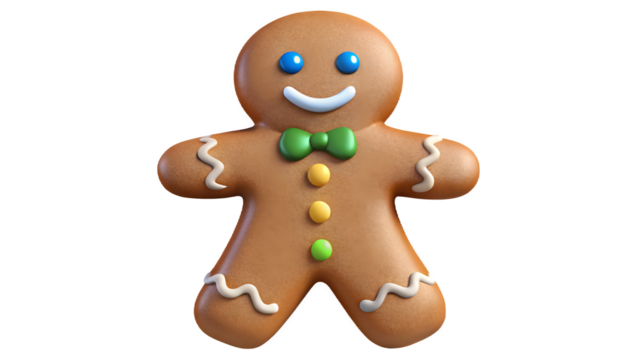 A cheerful gingerbread man cookie with blue eyes green bowtie and colorful candy buttons isolated on transparent background - Powered by Adobe