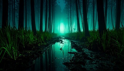 Mystical, glowing path through a fog-shrouded forest