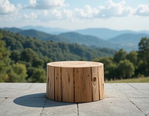 Rustic wooden log pedestal on a patio with scenic mountain landscape background