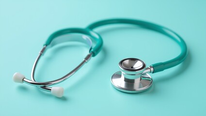 A teal stethoscope rests on a matching teal surface, ready for medical use.