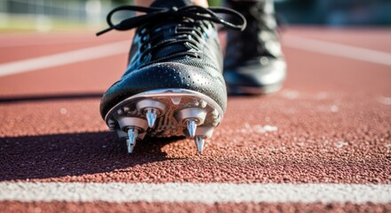 Close-up of athletic spiked shoe on track field ready for race