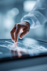 Closeup of a gloved hand interacting with a digital interface. Implies technology, precision, innovation, research, or medicine. Use for science, medical, or tech concepts.