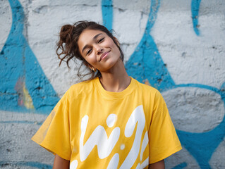 Obraz premium Confident young woman in yellow tshirt, posing against a vibrant graffiti wall. Represents urban style, youthfulness, and selfexpression. Perfect for fashion, lifestyle, and positive campaigns.