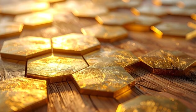 Golden hexagonal tiles on a wooden surface, sunlit