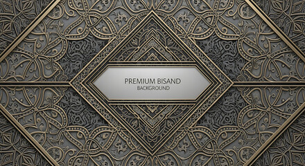 Intricate ornate metallic background with geometric patterns and a central text placeholder