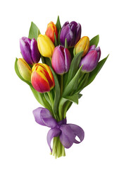 Naklejka premium A vibrant bouquet of tulips in various hues of purple, yellow, and orange. The tulips are tightly clustered together, with green leaves surrounding them. A purple ribbon ties the stems