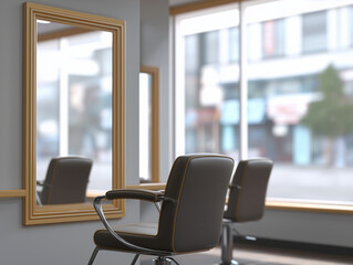 Fototapeta premium Modern salon interior featuring stylish black chairs and elegant mirrors, with large windows allowing natural light to illuminate the space, creating a welcoming atmosphere