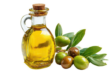 Clear glass bottle of golden olive oil, with a cork stopper and handle, beside fresh olives and leaves