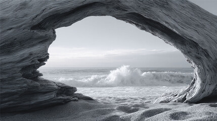Monochrome seascape framed by weathered driftwood. A calming, naturefocused scene ideal for travel, environmental, or introspective themes. Evokes serenity.