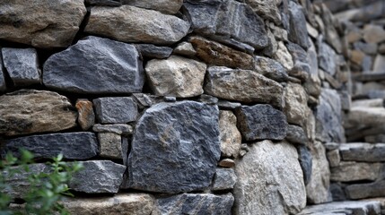 Fototapeta premium A stone wall constructed from irregular grey and beige stones with green foliage at the bottom left