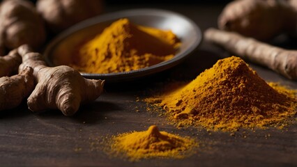 Vibrant Turmeric Powder and Fresh Roots on Wooden Surface, Natural Spice Photography